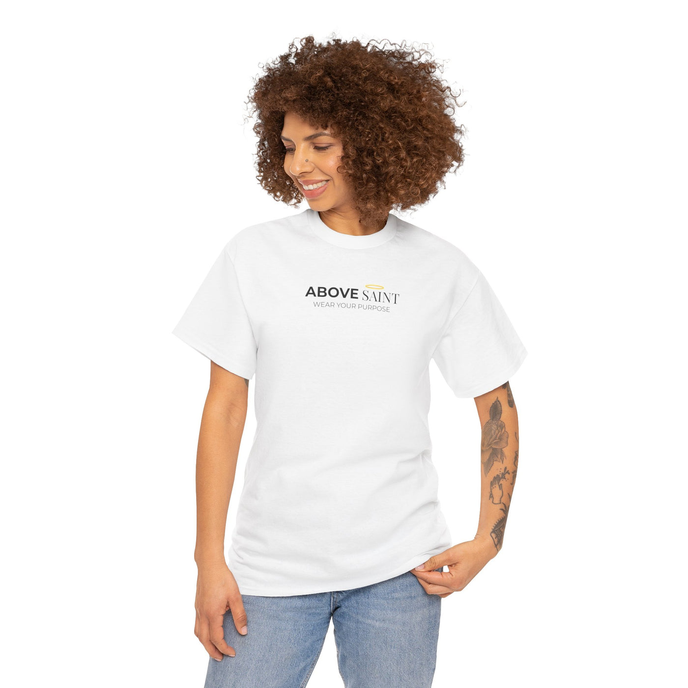 Unisex Heavy Cotton Tee with Above Saint Design