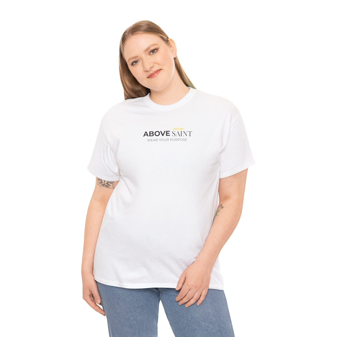 Unisex Heavy Cotton Tee with Above Saint Design